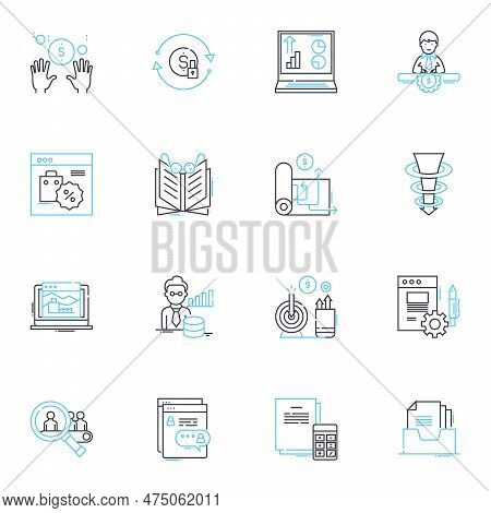 Fiscal Organization Linear Icons Set. Budgeting, Accounting, Taxation, Financing, Auditing, Consolid