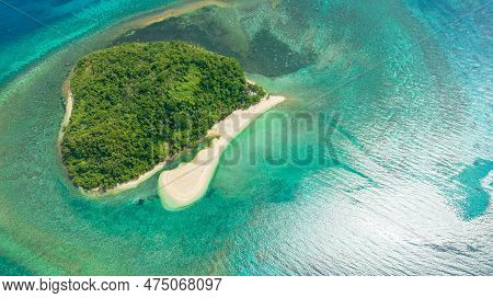 Aerial Drone Of Island In The Blue Sea With Atoll And The Beach. Agutaya Island, Philippines.