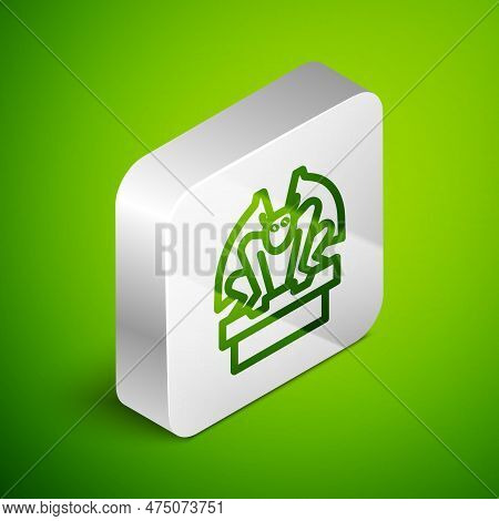 Isometric Line Gargoyle On Pedestal Icon Isolated On Green Background. Silver Square Button. Vector