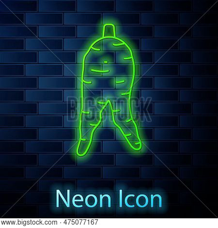 Glowing Neon Line Ginseng Root Icon Isolated On Brick Wall Background. Vector
