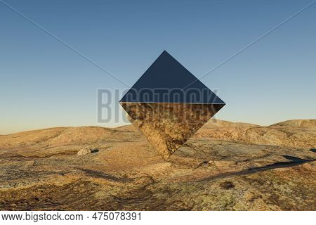 Metal Prism Pyramid Cube Hovering In The Air In Large Empty Desert Environment; Abstract Surreal Con