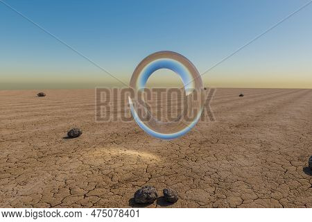 Glas Ring Hovering In The Air In Large Empty Desert Environment; Abstract Surreal Concept; 3d Illust