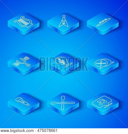 Set Line Microphone, Treble Clef, Drum Sticks, And Drum, Musical Tuning Fork, Ancient Lyre And Note,