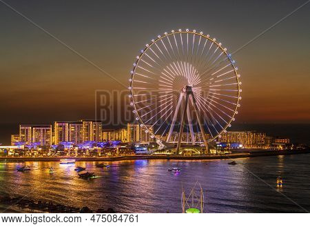Lights On Structure Of Ain Dubai Observation Wheel On Bluewaters Island At Sunset