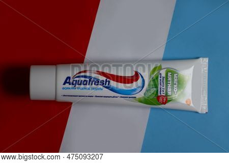 April 20, 2023 Ukraine City Kyiv Aquafresh Toothpaste On A Colored Background