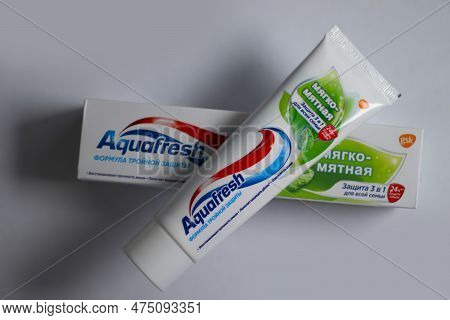 April 20, 2023 Ukraine City Kyiv Aquafresh Toothpaste On A Colored Background