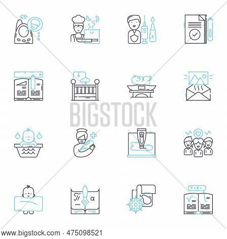 Minors Linear Icons Set. Protection, Vulnerability, Youthfulness, Innocence, Dependence, Oversight, 