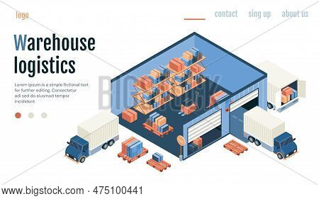 Warehouse Logistics Concept. Room With Boxes Next To Truck. Online Shopping And Transportation Of Go
