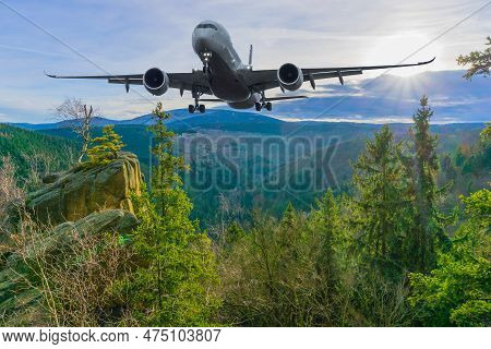Plane Flys Over Mountain Brocken Harz Germany