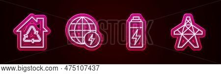 Set Line Eco House With Recycling, Global Energy Power Planet, Battery And Electric Tower. Glowing N