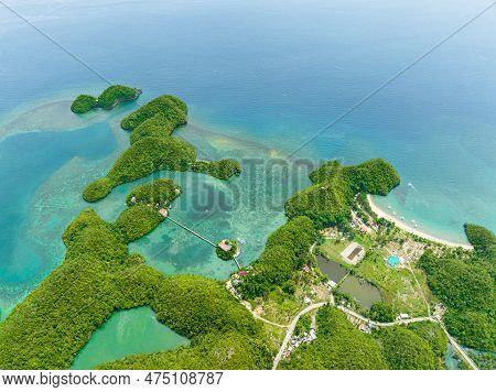 Aerial View Of Tropical Islands In A Beautiful Bay With Turquoise Water And Lagoon. Sipalay, Negros,