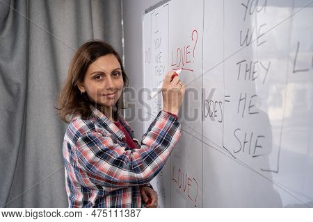 Friendly Indian Woman Giving Online Class, Writes On Blackboard English Rules, Copy Space. Modern Pr