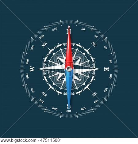 Marine Compass, Nautical Wind Rose With Cardinal Directions Of North, East, South, West And Degree M