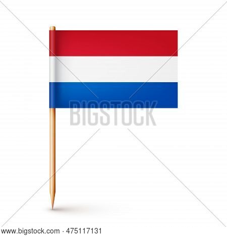 Realistic Dutch Toothpick Flag. Souvenir From Netherlands. Wooden Toothpick With Paper Flag. Locatio