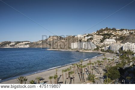 Almunecar, Granada, Spain, 04,04,2023: Scenic View Of Almunecar Beach And Coastal Townscape With Mod