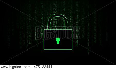 Technology Matrix Background With Security Lock. Vector Green Binary Code. Cyber Data Or Information