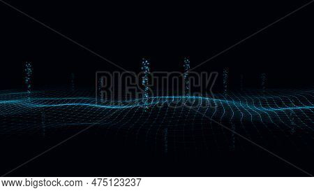 Vector Blue Wave With Motion Dots. Abstract Digital Background. Concept Connection Big Data. Sending