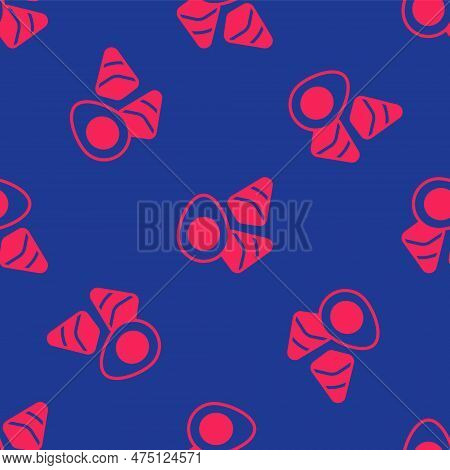 Red Chicken Egg With Vegerables Icon Isolated Seamless Pattern On Blue Background. Vector