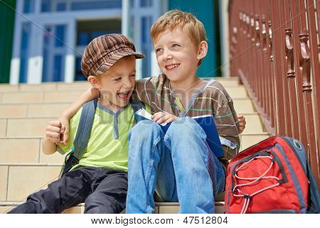Our First Day In School. Two Happy Kids.