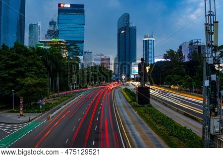 Jakarta, Indonesia. April 23, 2023. The City Light Trails Against The Buildings. On Jalan Jenderal S