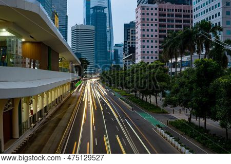 Jakarta, Indonesia. April 23, 2023. The City Light Trails Against The Buildings. On Jalan Jenderal S