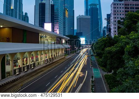 Jakarta, Indonesia. April 23, 2023. The City Light Trails Against The Buildings. On Jalan Jenderal S