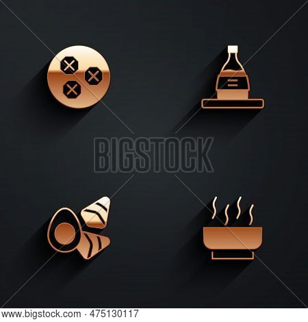 Set Wonton, Bottle Of Sake, Chicken Egg With Vegerables And Ramen Soup Bowl Icon With Long Shadow. V