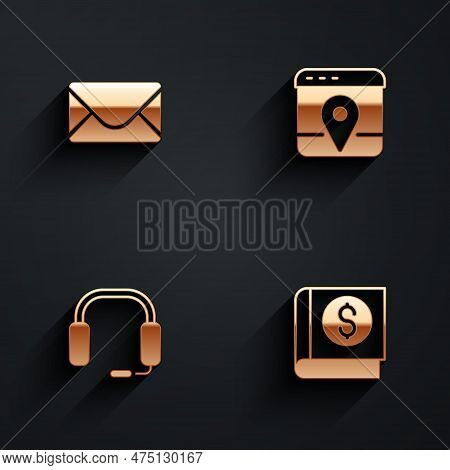 Set Mail And E-mail, Infographic Of City Map, Headphones And Financial Book Icon With Long Shadow. V