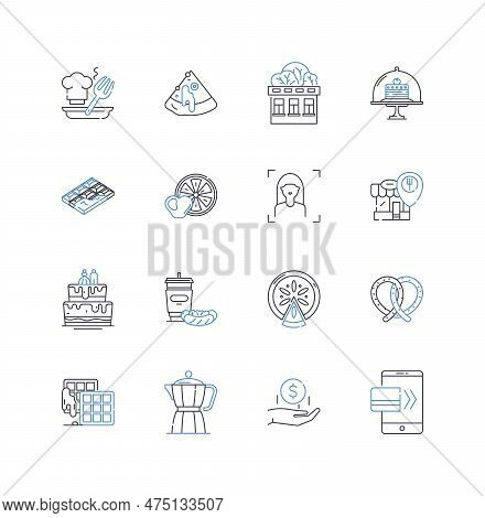 Danish Bakery Line Icons Collection. Pastry, Rye, Kringle, Cinnamon, Butter, Flaky, Sweet Vector And