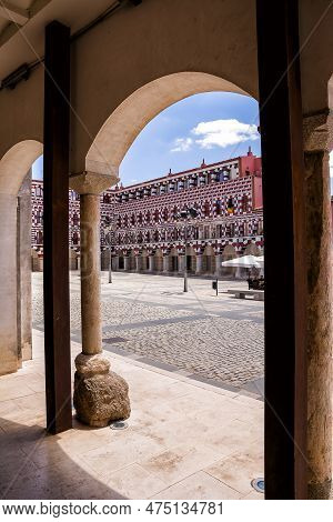 Badajoz, Spain - 24 June 2022: Facades Of The Colorful Buildings And Houses In The Alta Square In Ba
