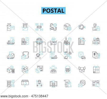 Postal Linear Icons Set. Envelopes, Packages, Stamps, Mailboxes, Letters, Postmarks, Couriers Line V