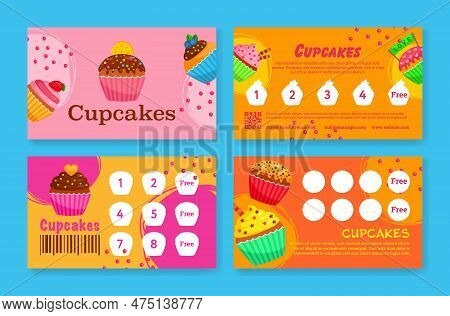 Cupcakes Bakery Loyalty Card Design Template Collect Stamp Sticker For Get Free Set Vector