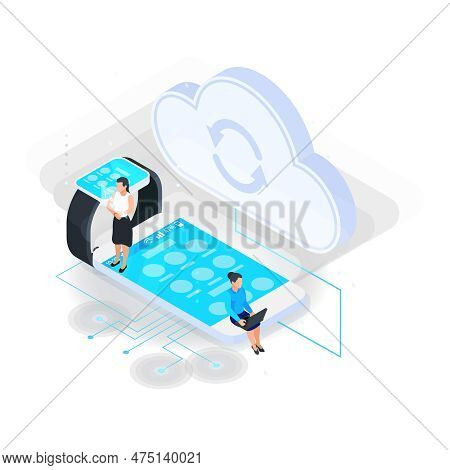Cloud Services Isometric Composition With Icons Of Electronic Gadgets With Cloud Sync Icon And Human