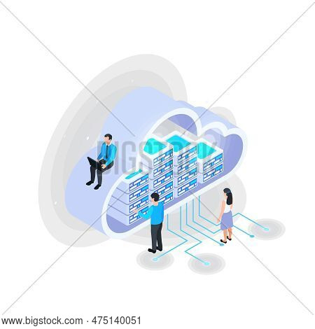 Cloud Services Isometric Composition With Icons Of Server Racks Inside Big Cloud With Human Characte