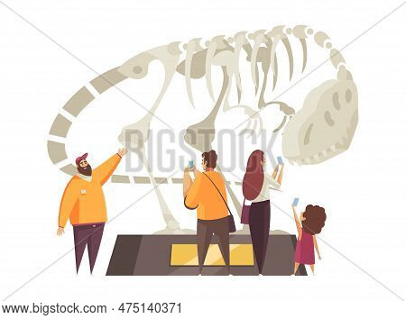Guide Excursion Composition With Group Of Tourists Surrounding Podium With Skeleton Of Dinosaur Vect