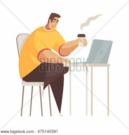 Happy Male Programmer Working On Laptop And Drinking Hot Coffee From Plastic Cup Flat Vector Illustr