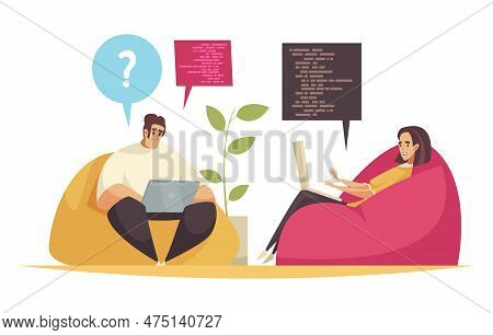 Programmer Composition With Doodle Style Characters Of Programmers Working With Laptops On Soft Chai