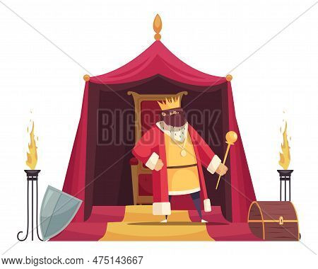 Fairy Tale Composition With Character Of Ancient King With Throne In His Pavilion Vector Illustratio