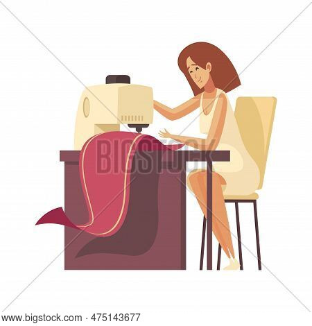 Craftsman Composition With Isolated Female Character Of Working Sewing Machine Operator On Blank Bac