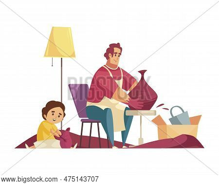 Craftsman Composition With Home Scenery And Working Potter With Child Vector Illustration
