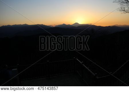 Sunset Over Mount Fuji Viewed From Mount Takao In Tokyo, Japan