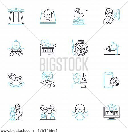 Toddler Linear Icons Set. Playful, Curious, Mischievous, Active, Energetic, Adorable, Innocent Line 