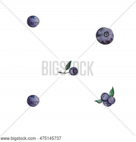 Beautiful Seamless Pattern With Fresh Blueberries. Bright Blue, Violet And Green Hand Drawn Watercol