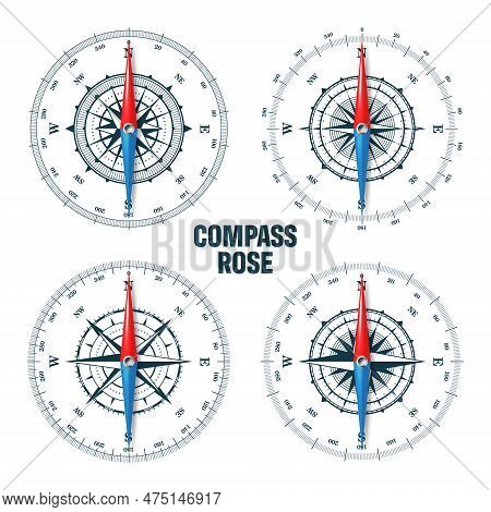 Marine Compass, Nautical Wind Rose With Cardinal Directions Of North, East, South, West And Degree M