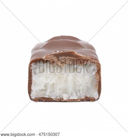 Piece Of Sweet Tasty Chocolate Bar On White Background