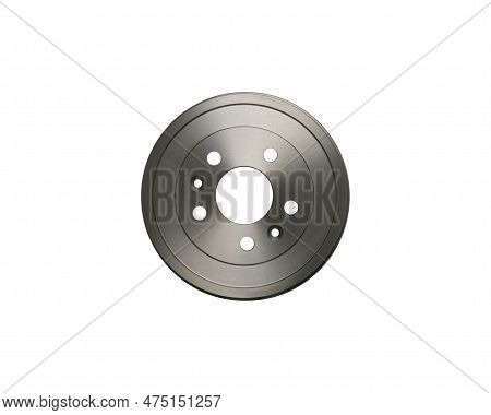 Brake Drum Isolated On White Background. Metal Car Spare Part