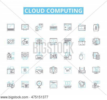 Cloud Computing Linear Icons Set. Storage, Computing, Virtualization, Scalability, Security, Nerk, P