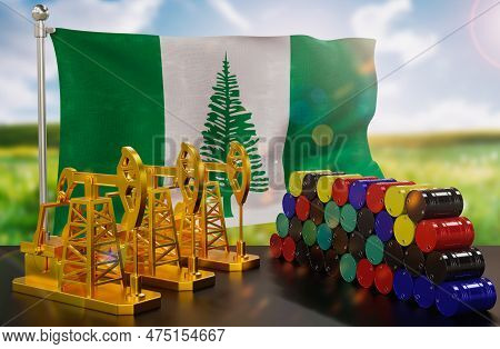 The Norfolk Island's Petroleum Market. Oil Pump Made Of Gold And Barrels Of Metal. The Concept Of Oi
