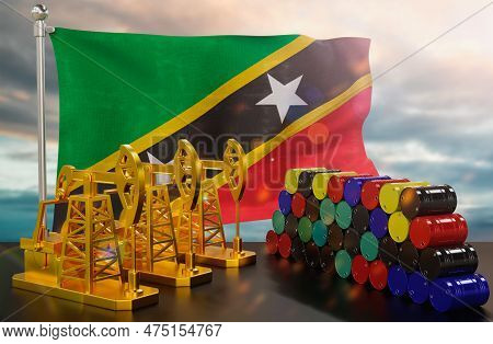 The Saint Kitts And Nevis's Petroleum Market. Oil Pump Made Of Gold And Barrels Of Metal. The Concep