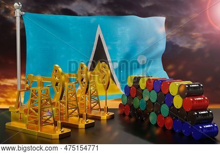 The Saint Lucia's Petroleum Market. Oil Pump Made Of Gold And Barrels Of Metal. The Concept Of Oil P